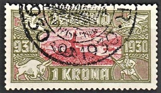 FRIMÆRKER ISLAND | 1930 - AFA 146 - Altingsjubilæum Luftpost - 1 kr. oliven/karmin - Stemplet